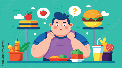 Man sits at table with many food options in front of him while looking confused about what to choose for lunch