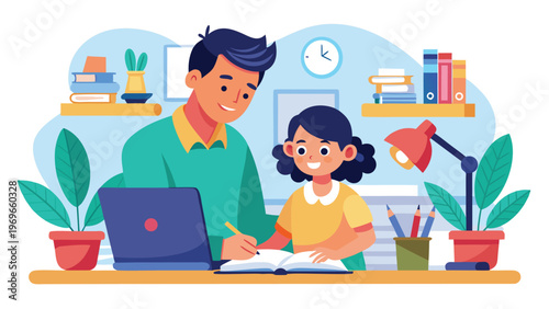 Father and daughter do homework together at a table in a bright room during afternoon hours
