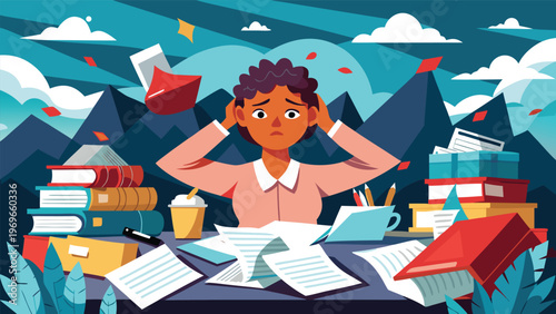 Student struggles with assignments and projects at a cluttered desk in a mountain setting during the day