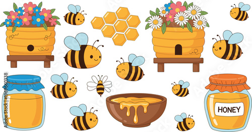 Cute honey bee and beehive set vector illustration with flowers honeycomb jar and flying bees cartoon style