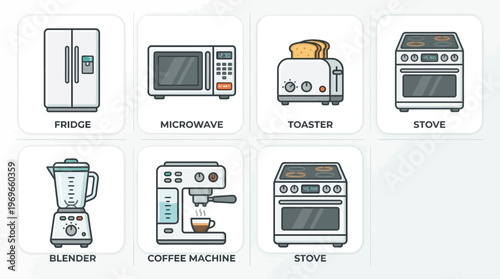 Kitchen appliances icons set including fridge, microwave, toaster, stove, blender, coffee machine