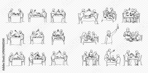 Set of hand-drawn illustrations depicting people dining and socializing at tables in various group settings.