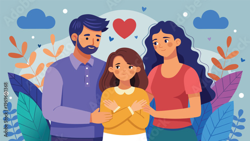 Family members share love and support for each other in a colorful setting with hearts and leaves in the background