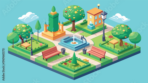 Colorful park scene with fountain, trees, benches, and a building in a sunny setting during daytime hours