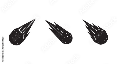 Blackillustrationofthreecometswithdifferentdetailsflyingacrosstheskywithstarsandtrailsastronomyandspaceconcept