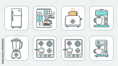 Kitchen appliances icons including refrigerator, coffee maker, toaster and mixer