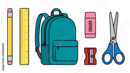 School supplies including pencil, ruler, backpack, eraser, sharpener and scissors for education