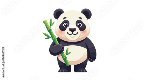 Cute Cartoon Panda Holding Bamboo.