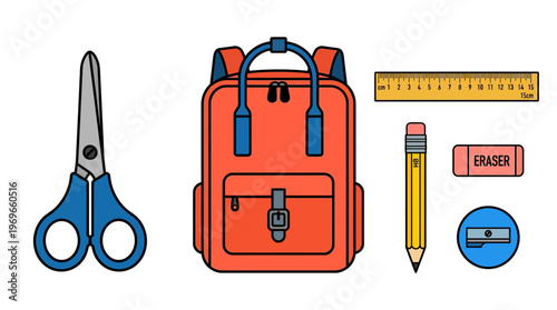 School supplies including scissors, backpack, pencil, eraser and sharpener on white background