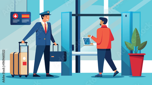 Travelers check in at an airport with luggage and staff guiding them towards the entrance