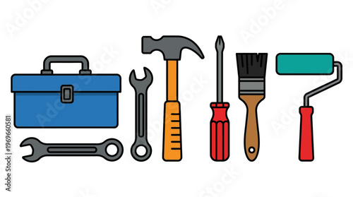 Vector illustration of various tools and equipment for home repair and construction work