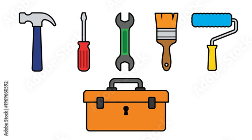 Colorful set of tools and toolbox for home repair and DIY projects isolated on white background