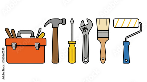 Colorful illustration of a toolbox and various hand tools for home improvement