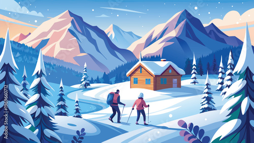 People hiking in a snowy landscape near a wooden cabin and mountains during winter sunset