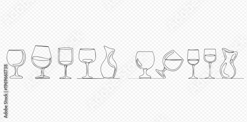 Set of hand-drawn wine glasses and decanter, perfect for beverage and bar-related designs.