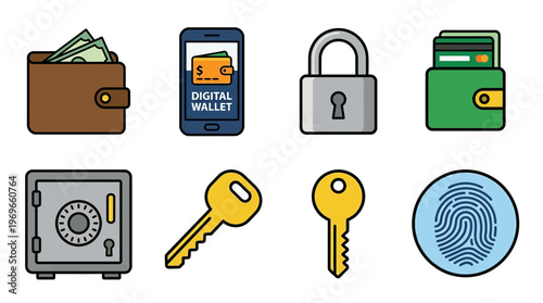Financial security icons including wallet, digital wallet, padlock, and safe