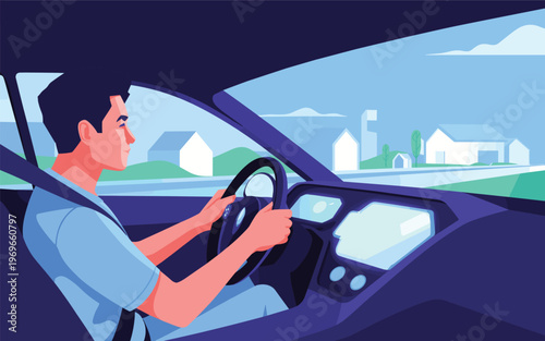 Man driving car through suburban neighborhood streets on sunny day