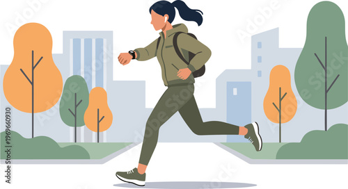 Woman jogging through a city park on a sunny day with trees and buildings