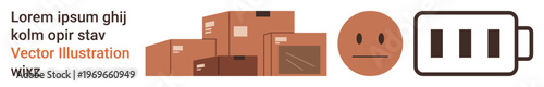 Logistics, emotion, energy, storage, business, packaging. A stack of boxes, neutral face and a battery icon. Logistics and emotion concept combining storage and energy-related ideas