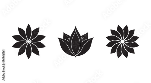 Blacksilhouetteofthreelotusflowersandleavesisolatedonwhitebackgroundforgraphicdesign