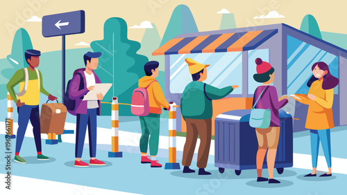 People stand in line at a food stall in a city park during a sunny afternoon