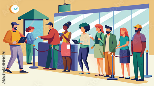 People wait in line at a ticket counter in a busy area during the day