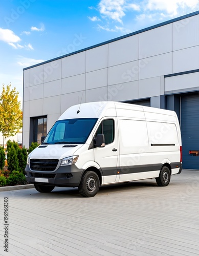 White Delivery Van Parked Outside Modern Industrial Building on Sunny Day