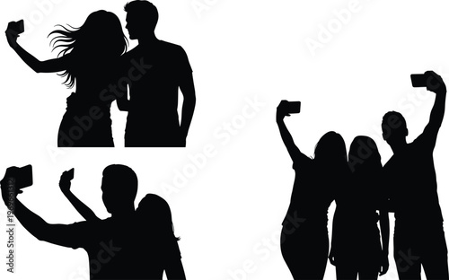 Set of people silhouettes taking selfies with smartphones, social media lifestyle, friendship moments, group photos and modern communication concept isolated on white background