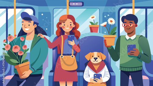 People with plants and a dog travel on a bus during a sunny day in the city while using their phones