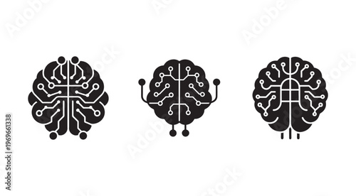 Brain circuit board icons with white lines and dots on black silhouette  electronic human mind symbols for technology and innovation concepts