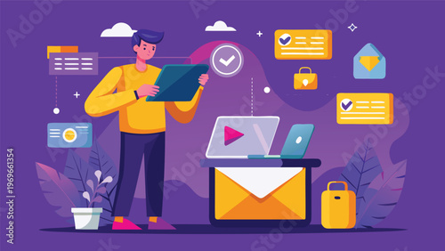 Person using a tablet while working on a laptop in a colorful office space with various digital notifications around