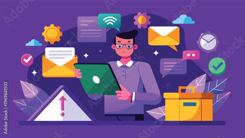 Person using a tablet while surrounded by various digital icons at an office setting during daytime