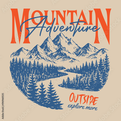 Mountain Outdoors t shirt vector design. artistic embodiment of nature, adventure and landscape, Mountain vintage artwork for apparel, sticker, batch, background, poster and others. Summer adventure