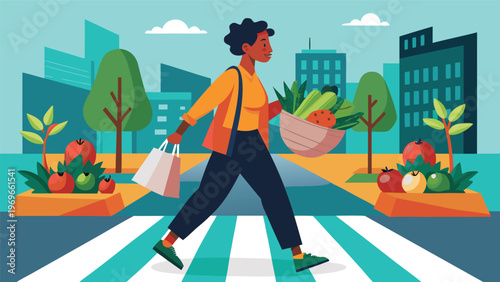 Woman crosses street carrying groceries in a city with buildings and trees during the daytime