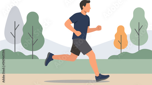 Man running on path through trees and hills in park
