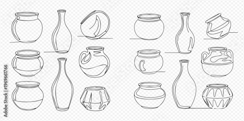 Continuous line art drawing of various ceramic vases and pots, isolated on transparent background, showcasing different shapes and designs.