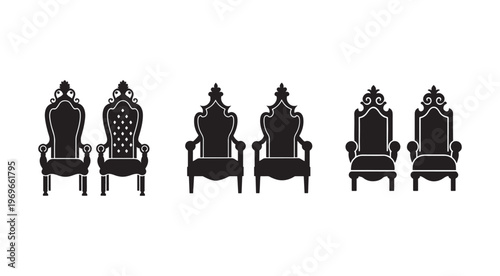 Collection of ornate chairs with intricate designs and carved details in black silhouette on white background for graphic and design use