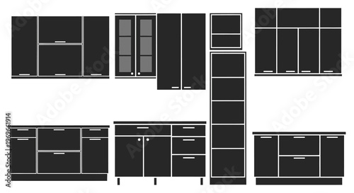 Black kitchen cabinets arrangement displayed as a stark flat silhouette