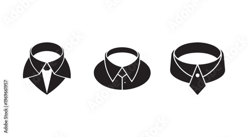 Collection of three black and white shirt collar icons with different styles isolated on white background  business attire accessories