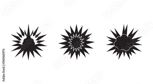 Comic book explosion effects  various black burst shapes  dynamic pop art elements  abstract design components