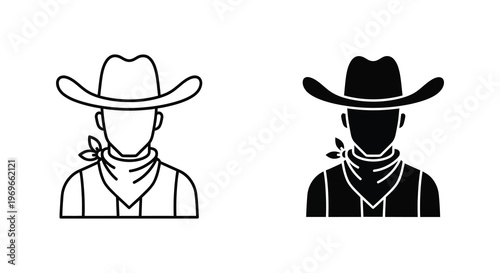 Two cowboy portraits in black and white one outlined one solid silhouette