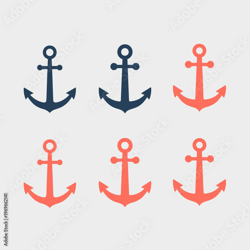 Set of Nautical Anchors: Blue and Coral Icons on Light Gray Background
