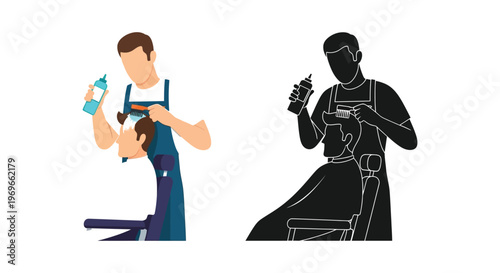 Barber applying foam to client s hair shown in color and silhouette