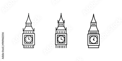Three Big Ben clock tower icons in black outline simple art illustration modern design for graphic projects London landmarks.