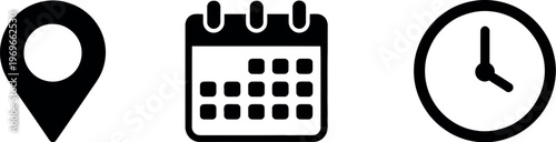Location, calendar, and clock icon, map pin date and time symbol, event schedule sign