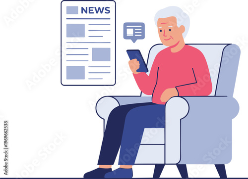 Elderly man reading news on phone while sitting in armchair indoors
