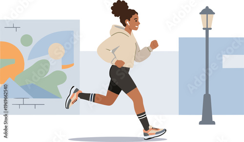 A woman runs down a city street at night near a streetlamp and mural.