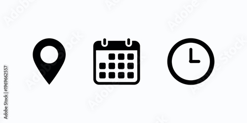 Location, calendar, and clock icon, map pin date and time symbol, event schedule sign