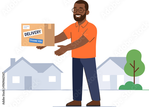 A delivery man handing over a package to someone in a suburban neighborhood scene.