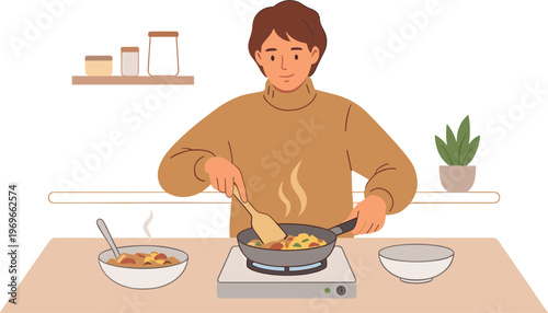 A woman cooks food in a pan on an electric stove in a kitchen